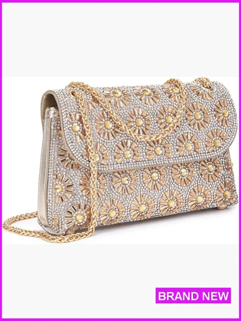Rhinestone Evening Clutch Purse with Chain Elegant Floral Pattern Women's